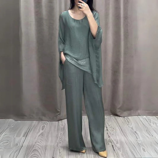 Spring Retro Patchwork Sequin Outfit Women Casual Round Neck Top Pullover & Long Pants Set Summer Batwing Sleeve Loose 2pcs Suit - Seprincess