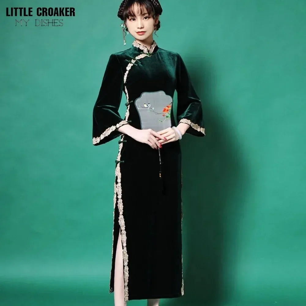 Cheongsam Chinese Traditional Dress Solud Color New Autumn Winter Long Temperament Flare Sleeve Velvet Improved Green Qipao 2024 - Seprincess