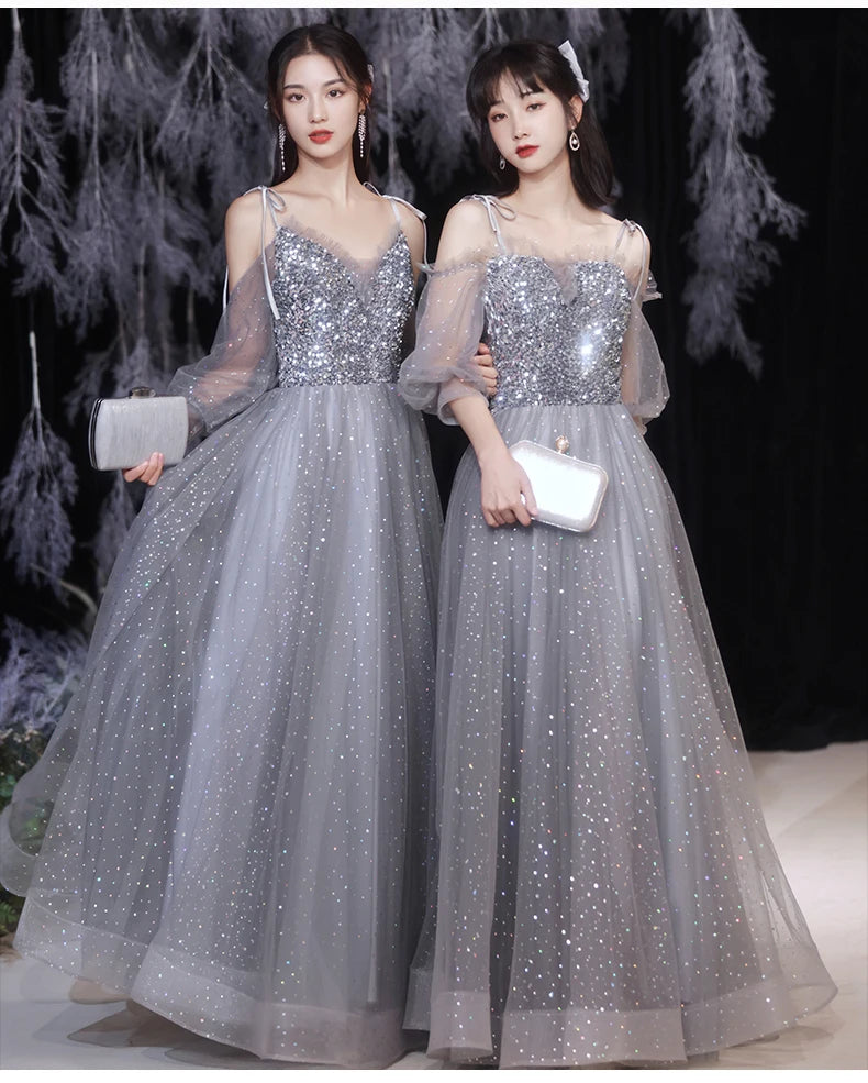 Grey Bridesmaid Evening Dress Women Off Shoulder Sequins Wedding Party Vestidos Fairy Temperament Sisters Group Gown Summer - Seprincess