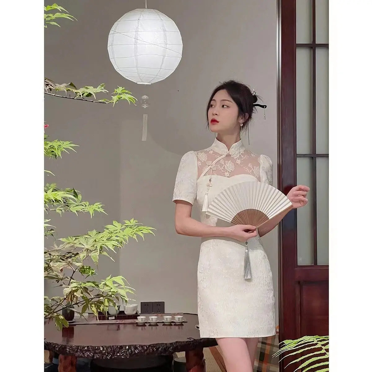 Women Beige Long Cheongsam Lace Transparent Floral Vintage Dress Wedding Costumes Traditional Short Qipao S To XXL - Seprincess