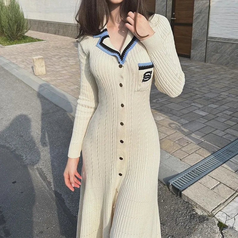 YuooMuoo 2024 Autumn Winter Elegant Knitted Sweater Dress Women Brand Fashion Embroidery Pocket Long Sleeve Shirt Dress Vestidos - Seprincess