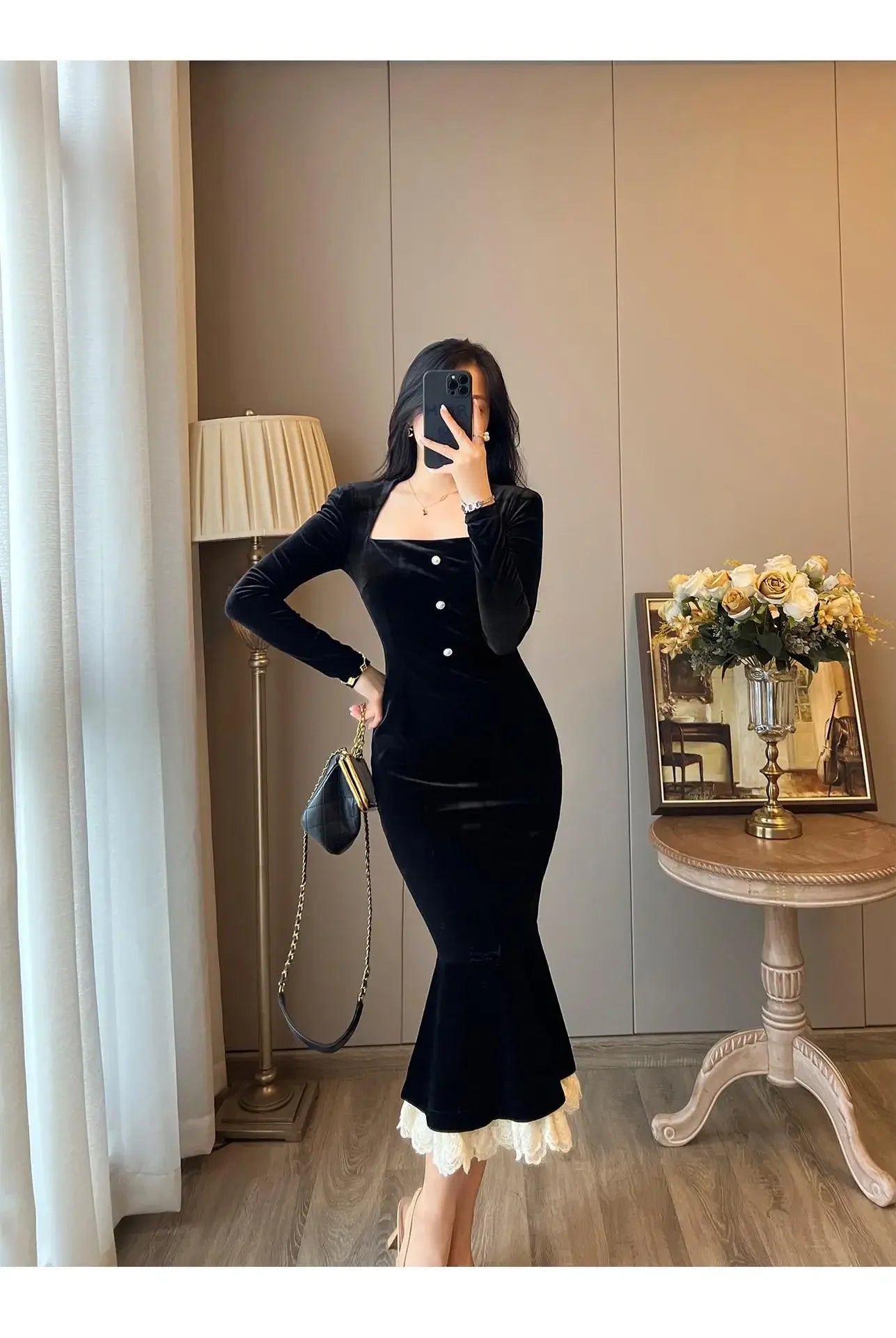 Elegant French Haban Style Fish Tail Skirt Spring Autumn Soft High Class Square Collar Long Sleeve Black Velvet Long Dress