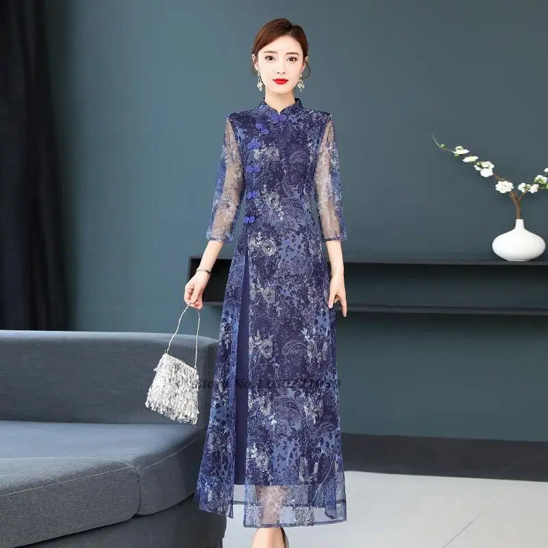 2024 chinese vintage dress improved cheongsam women traditional flower mesh qipao dress oriental banquet evening dress vestido - Seprincess