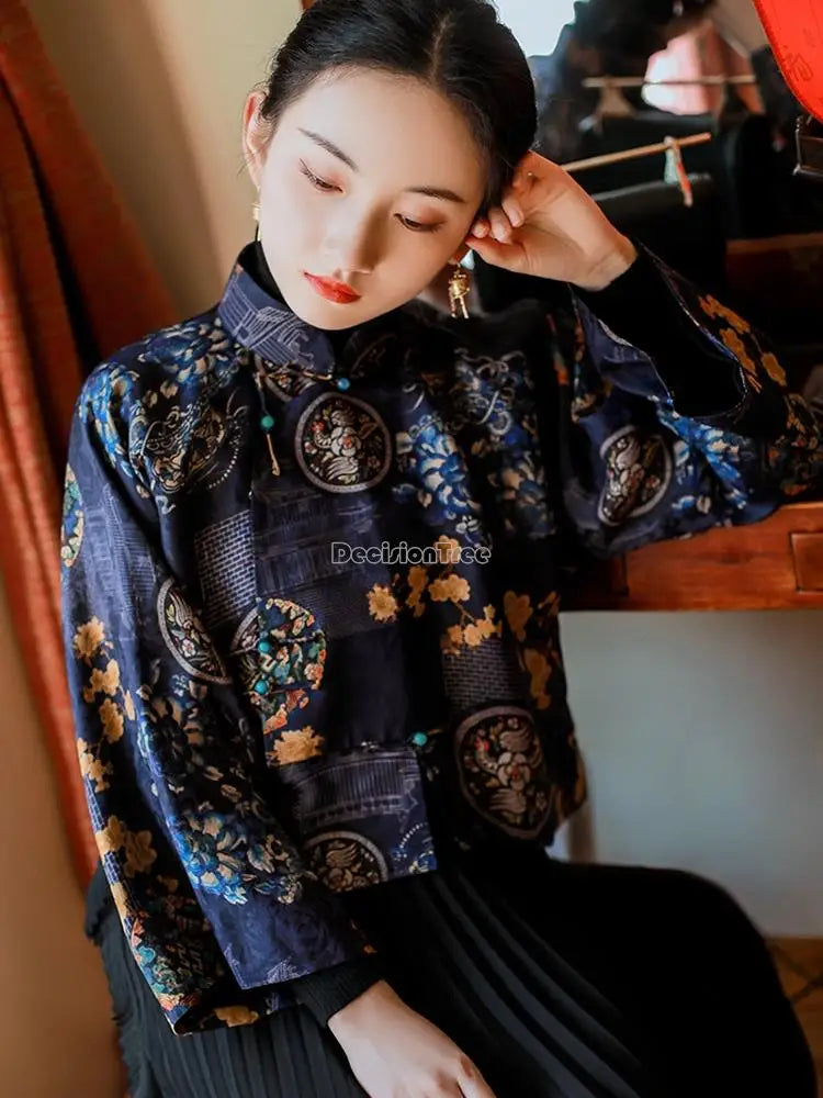 2024 spring autumn chinese style traditional hanfu top print cheongsam oriental blouse elegant festival party dress qipao top - Seprincess