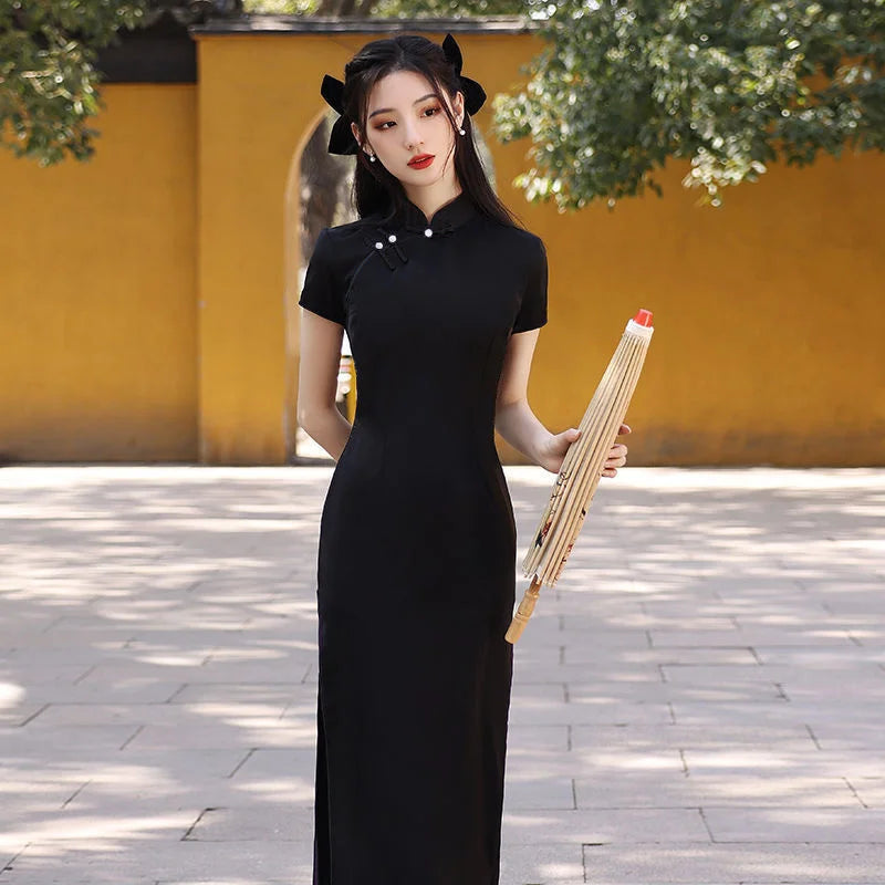 Chinese Dress Qipao Modern Women Black Slim Long Cheongsam Traditional Harajuku Hanfu Robe Orientale Vintage Vestido Mujer - Seprincess