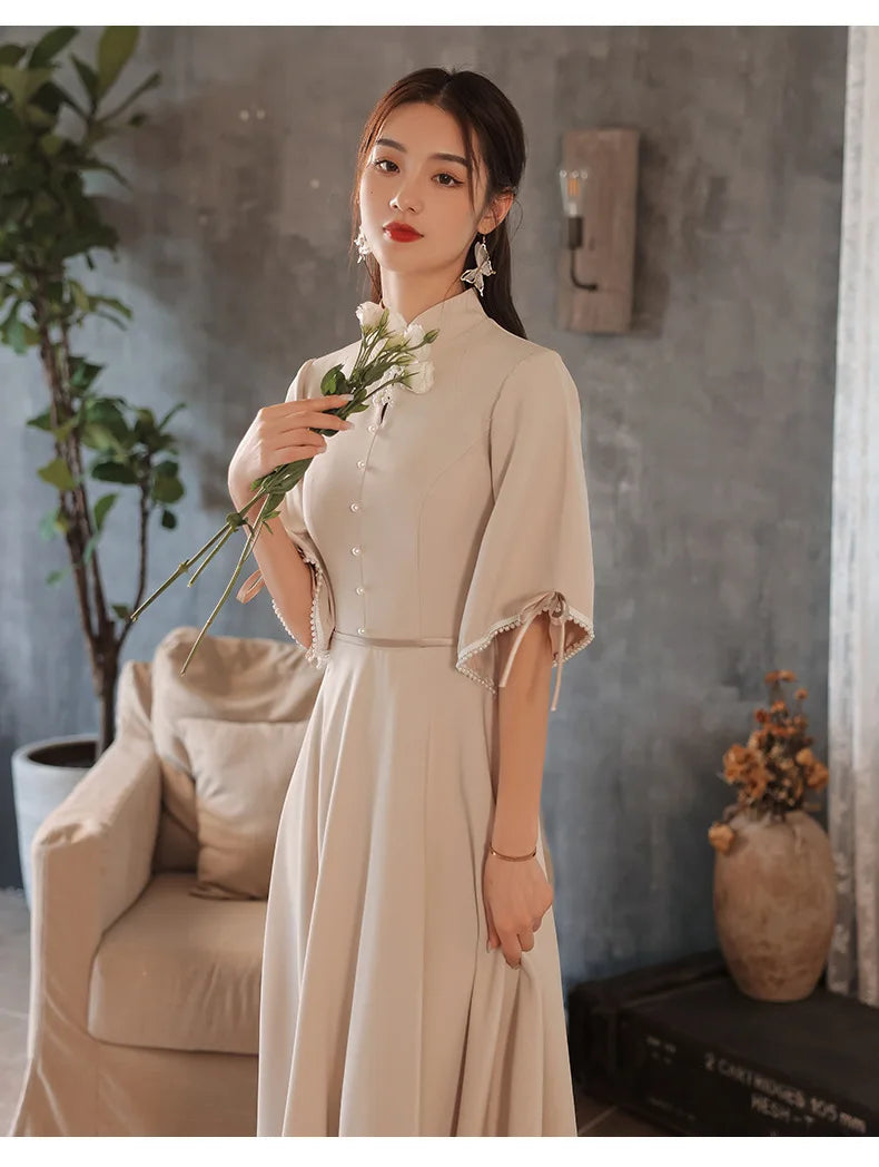 Slim A-line Mandarin Collar Qipao Female Chinese Styles Bridesmaid Dress Appliques Flower Pearl Cheongsam Party Prom Gown - Seprincess