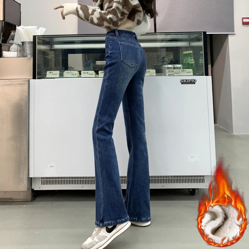 Winter Warm Women's Jeans Fashion Slim Thicken Fleece Flared Pants High Waist Elastic Skinny Velvet Plus Length Female Jeans