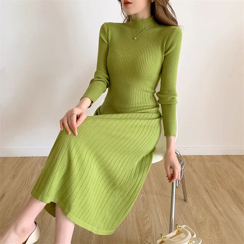 Autumn Winter 2024 Slim Long Sleeve Party Midi Dress for Women Knitted Half High Collar Elegant Knitted Sweater Dresses Ladies - Seprincess