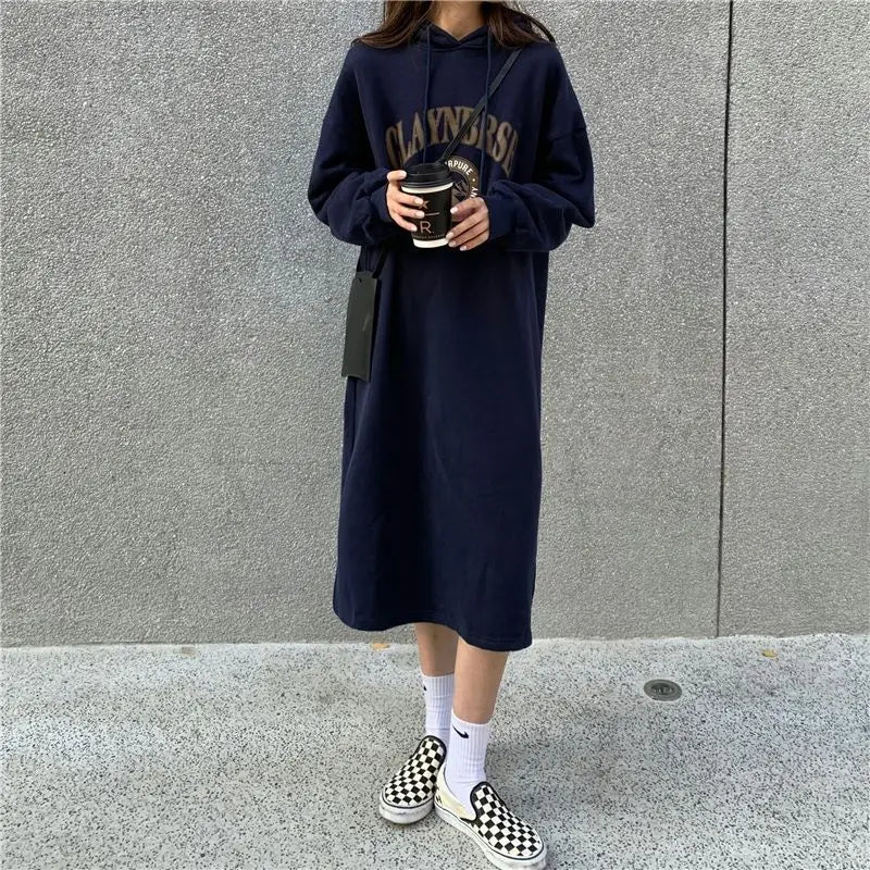 Autumn Winter Women Fleece Thicken Hooded Dress Print Letter Drawstring Korean Fashion Loose Midi Side Slit Oversized Dresses - Seprincess