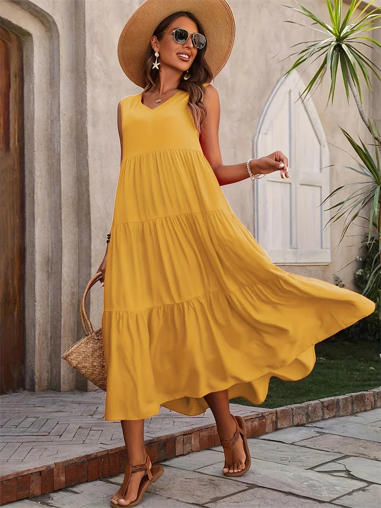 Y.KUKU 2024 Women Dress Summer Casual Brand Vacation Holiday Beach Long Dresses V-neck Loose Elegant Yellow Dress Femme - Seprincess