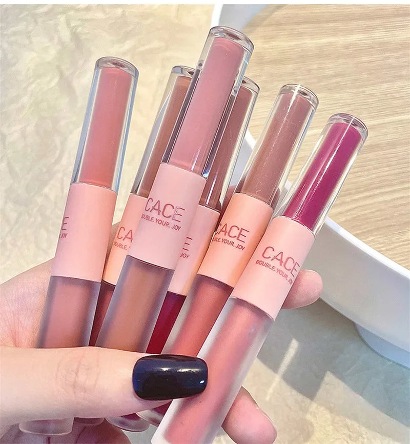 Double Head Lip Gloss Matte Velvet Sexy Red Tint Liquid Lipstick Waterproof Lipgloss Lasting Lip Glaze Korean Makeup Cosmetics - Seprincess