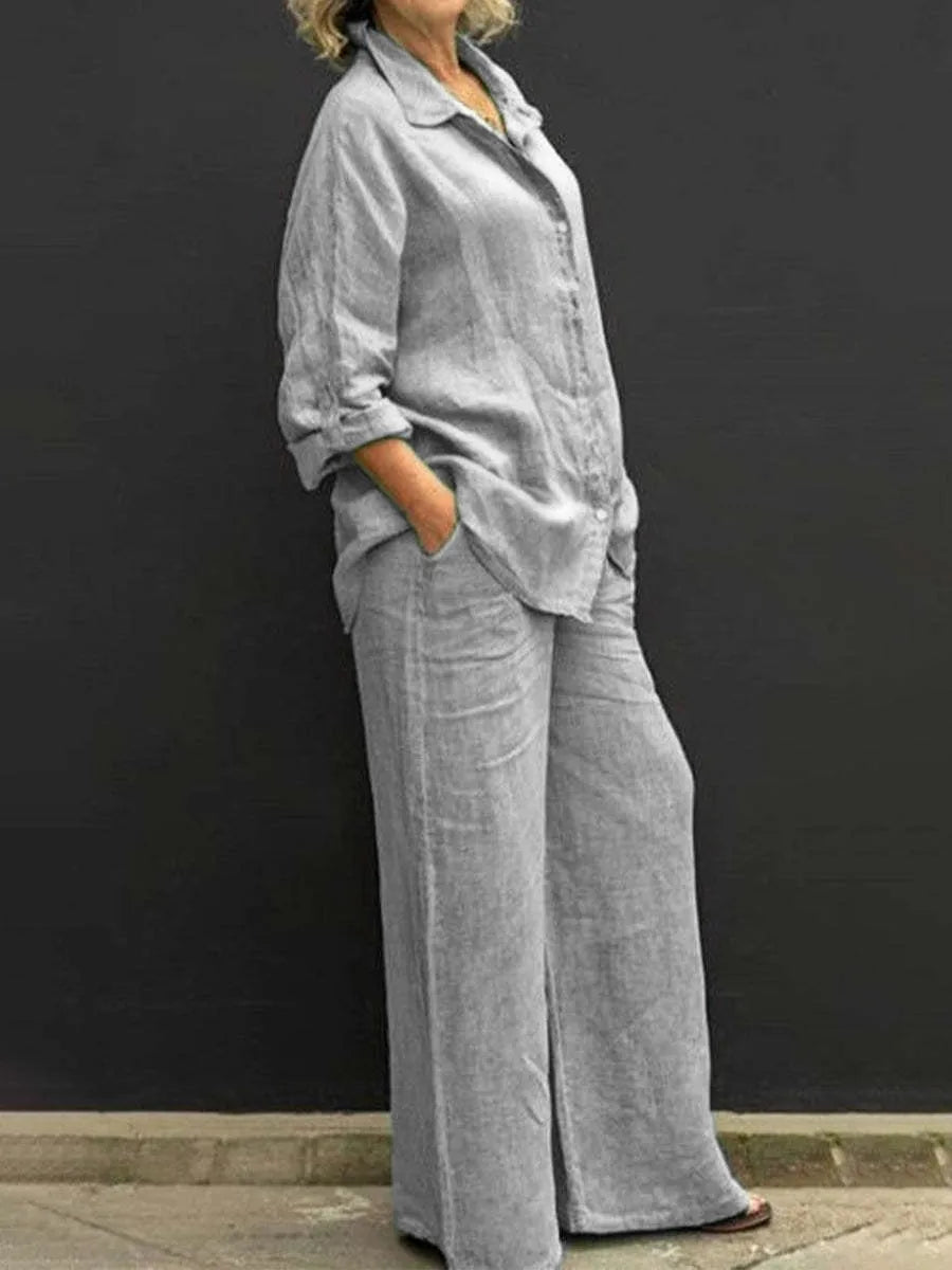 Solid Color Cotton Linen Shirt 2 Piece Set For Women Spring Autumn Long Sleeve Blouse Wide Leg Pants Suits Female Casual Outfits - Seprincess