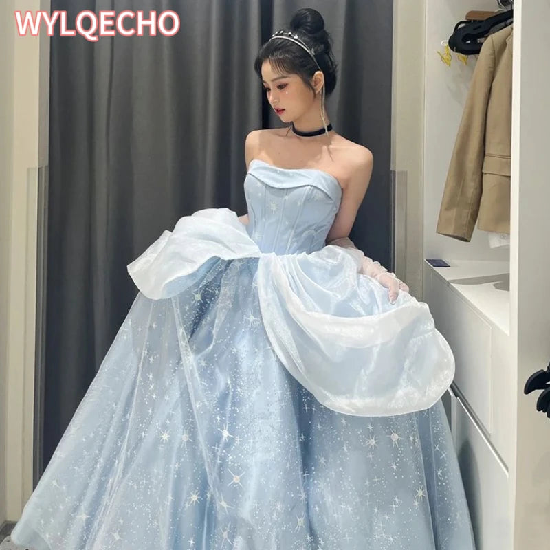 Blue Prom Dress Engagement Jacquard Dress France Vintage Sweet Korean Princess Fairy Dress Evening Party Dress - Seprincess