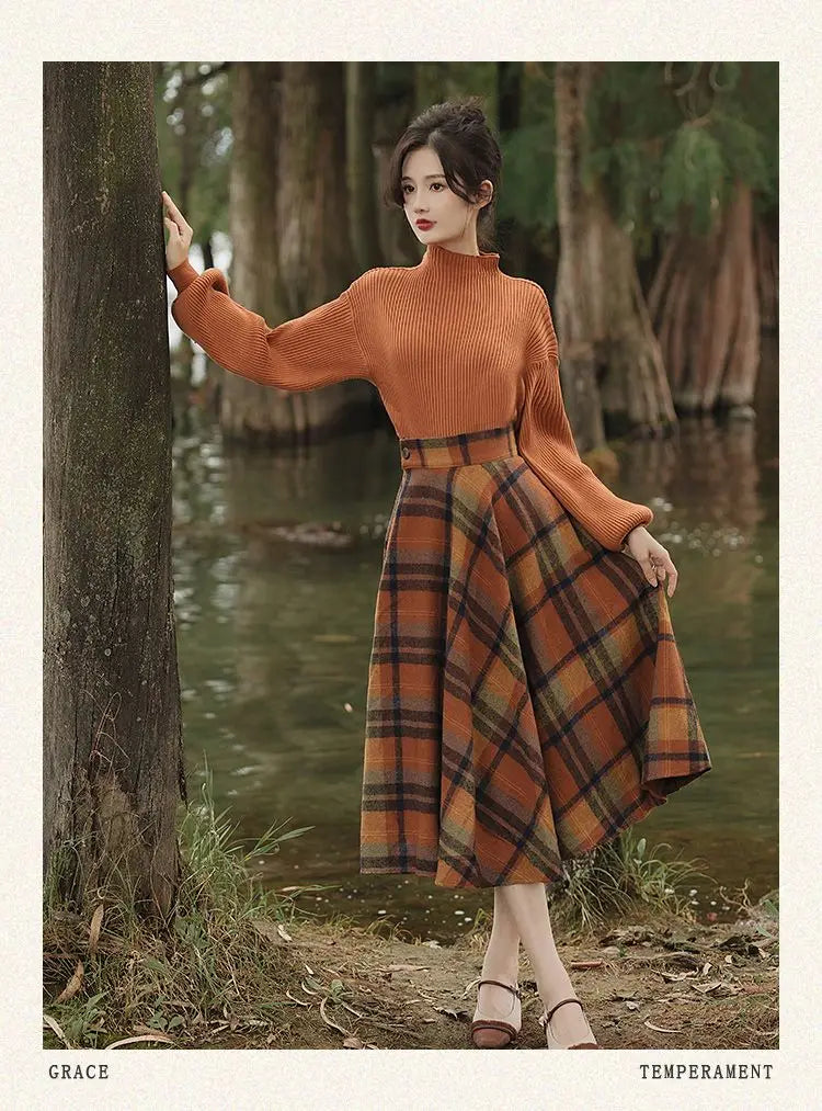 Women's Spring Autumn Vintage Plaid Long Skirts Sweater Two-Piece Set French Lady Graceful Knit Pullover High Waist Skirt Outfit - Seprincess