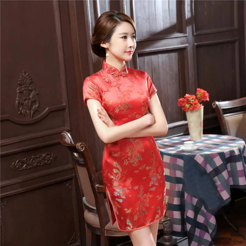 Vintage Summer Short Cheongsam Dress Chinese Dragon Phoenix Embroidery High Neck Slim Vestido Qipao Dresses Split Mini Dress - Seprincess