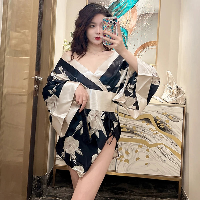 Japanese Kimono Sexy Cosplay Outfit for Women Traditional Style Robe Yukata Sakura Costume Pajamas Soft Silk Belt Lingerie Porno - Seprincess