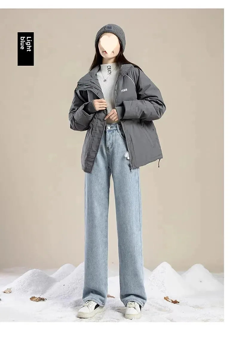 Thickened Fleece-Lined Warm Straight-Leg Jeans Design Adjustable High-Waisted Slimming Bell Bottoms Winter New Arrival