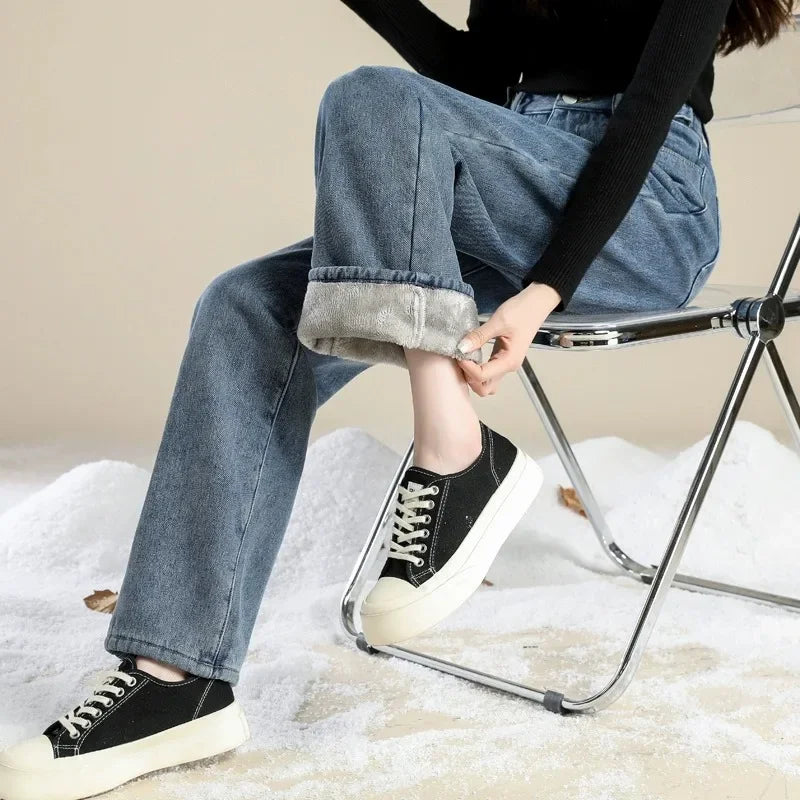 Autumn/winter Deep Color Wide-leg Fleece-lined Warm Jeans Women's Outerwear Slimming Loose-fit Straight-leg Model Pants