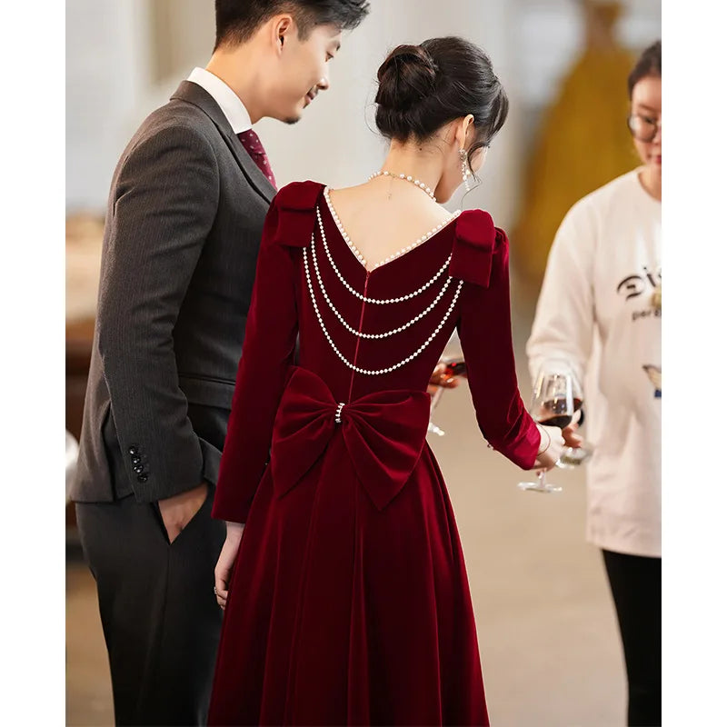 Burgundy Velvet Evening Dress Elegant Beaded Square Collar Engagement Dresses Temperament Bow Long Sleeve Formal Banquet Gown - Seprincess