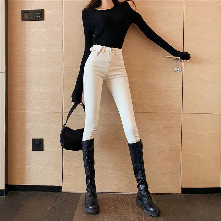 Jeans Women Spring 2023 Fashion Beige High Waist Leggings Skinny Label Pencil Pants Boots Pants