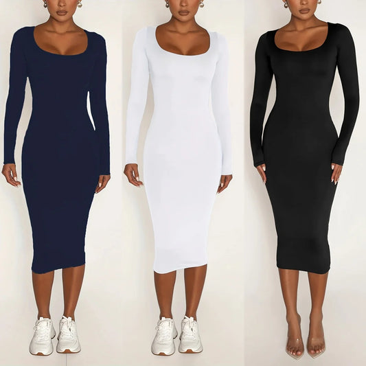 Womens Long Sleeve U-Neck Party Bodycon Midi Jumper Dress Stretch Winter Dresses - Seprincess