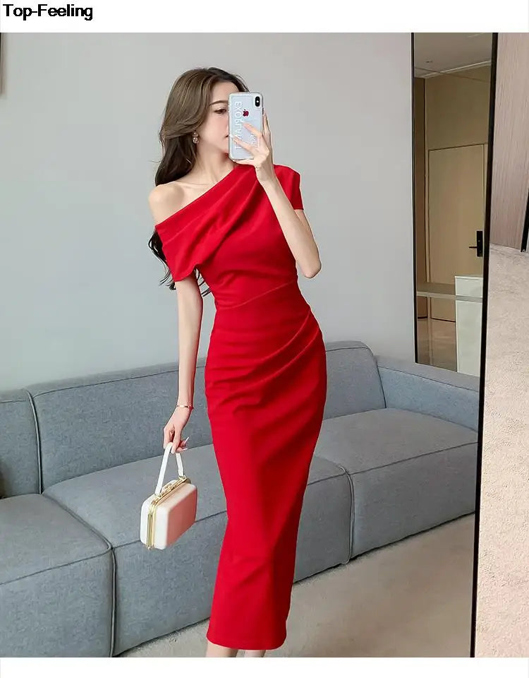 Elegant Off Shoulder Evening Party Dresses Women Summer Fashion Slim One Piece Solid Vestidos Korean Graduation Robe Clothing - Seprincess