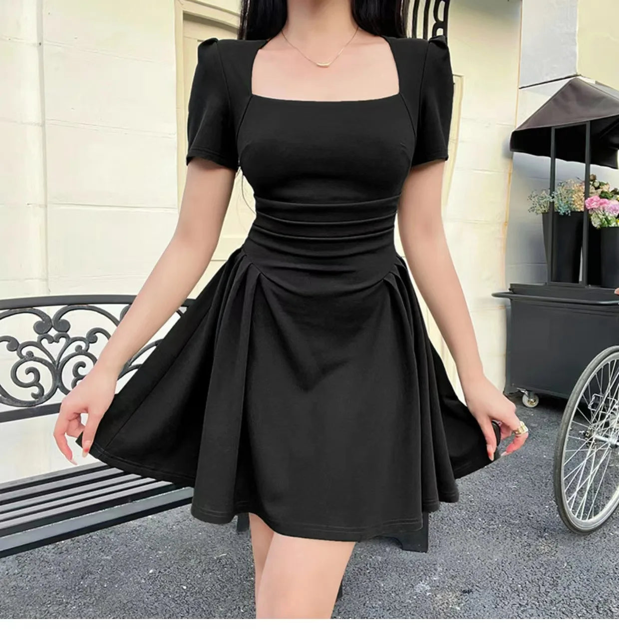 French Hepburn Style Soft Girl Black Dress Elegant 2024 Summer New Fashion Slim Fit Waist Slimming Pleated For Women's Dress PVK - Seprincess