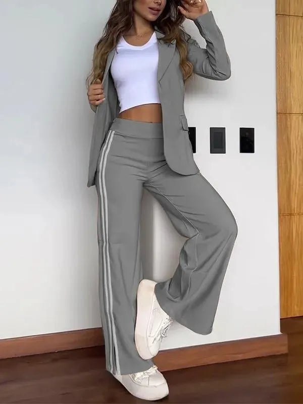 Simple Suit Long-sleeved Lapel Cardigan Blazer+ Wide-leg Pant 2-piece Set Women Autumn Fashion Striped Pocket Office Suit Female - Seprincess