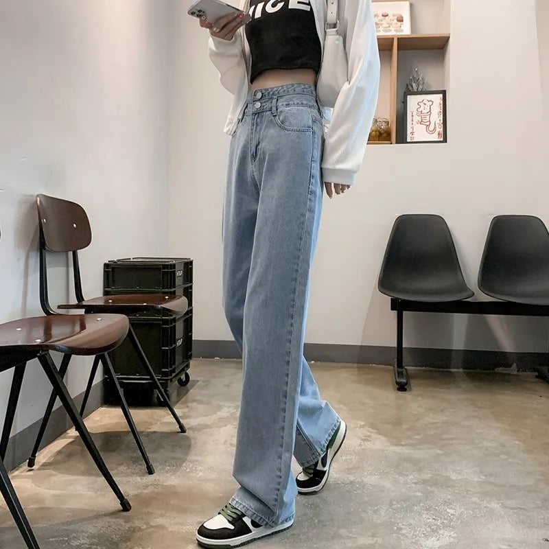 Denim Jeans Women Casual Fashion Button Design Pants Loose Straight Brand High Quality New Arrivals Trousers