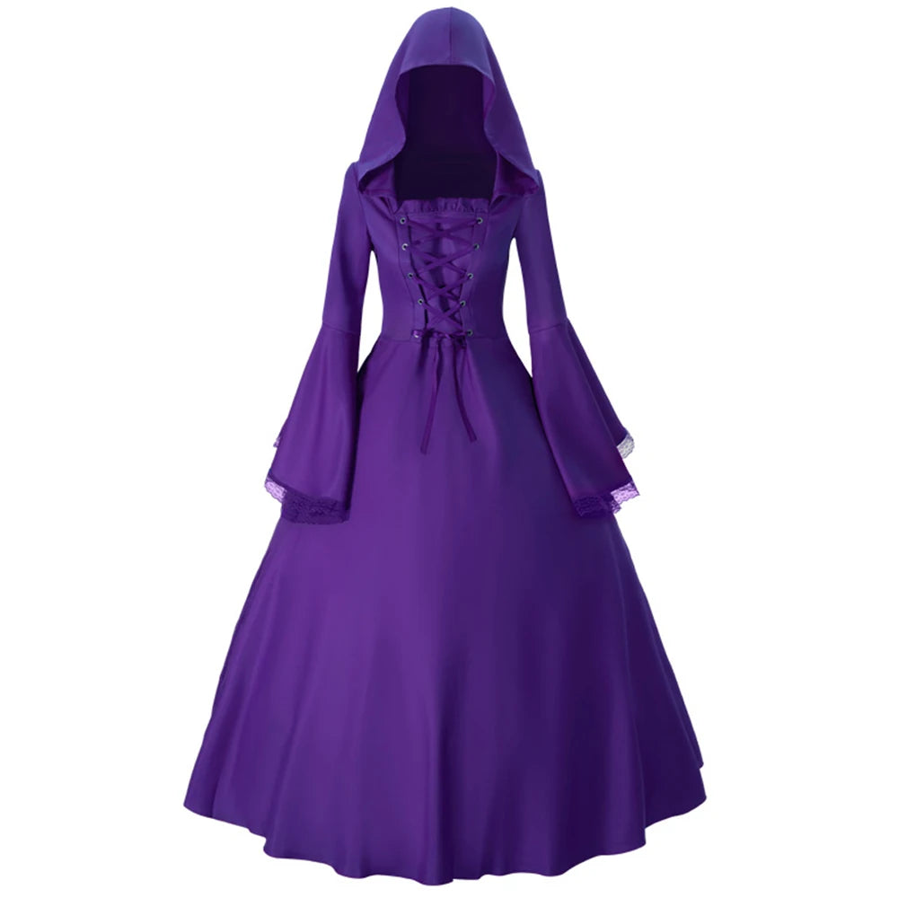 Women's Halloween Party Lace-up Cloak Cape Gothic Dresses Witch Charming Flare Sleeve Big Swing Medieval Hooded Dress Costumes - Seprincess