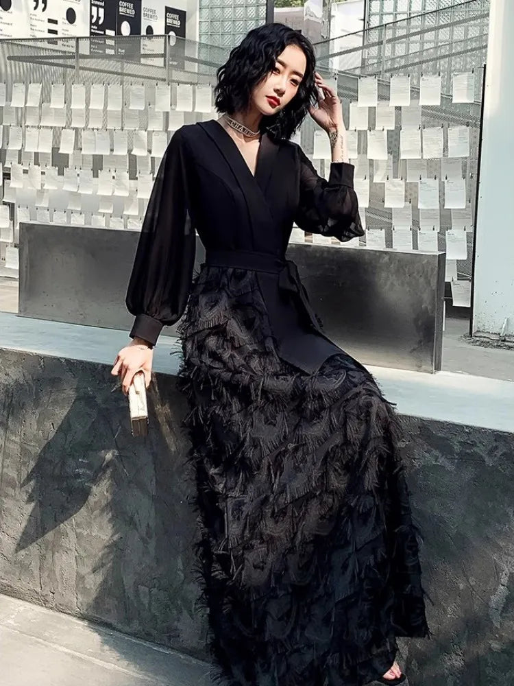 Black V-Neck Evening Dress For Women With High-End Temperament, Elegant And Luxurious Design, Slim Fit And Unique Dress - Seprincess