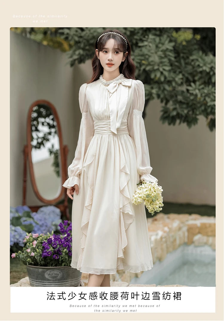 Autumn Chiffon Midi Dresses for Women O-neck Bow Flare Sleeve High Waist Ruffles A-line Princess Party Dress Vestidos Mujer New - Seprincess