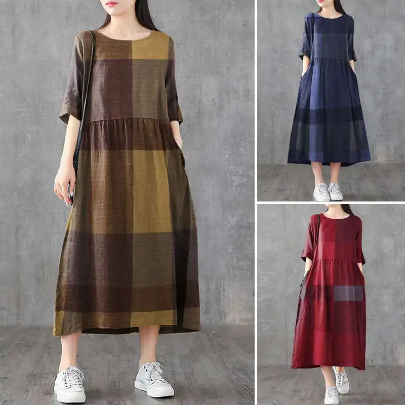 ZANZEA Women Cotton Linen Dresses Vintage Plaid Half Sleeve Midi Vestidos Casual O-neck Long Sundress 2023 Holiday Pocket Robes - Seprincess