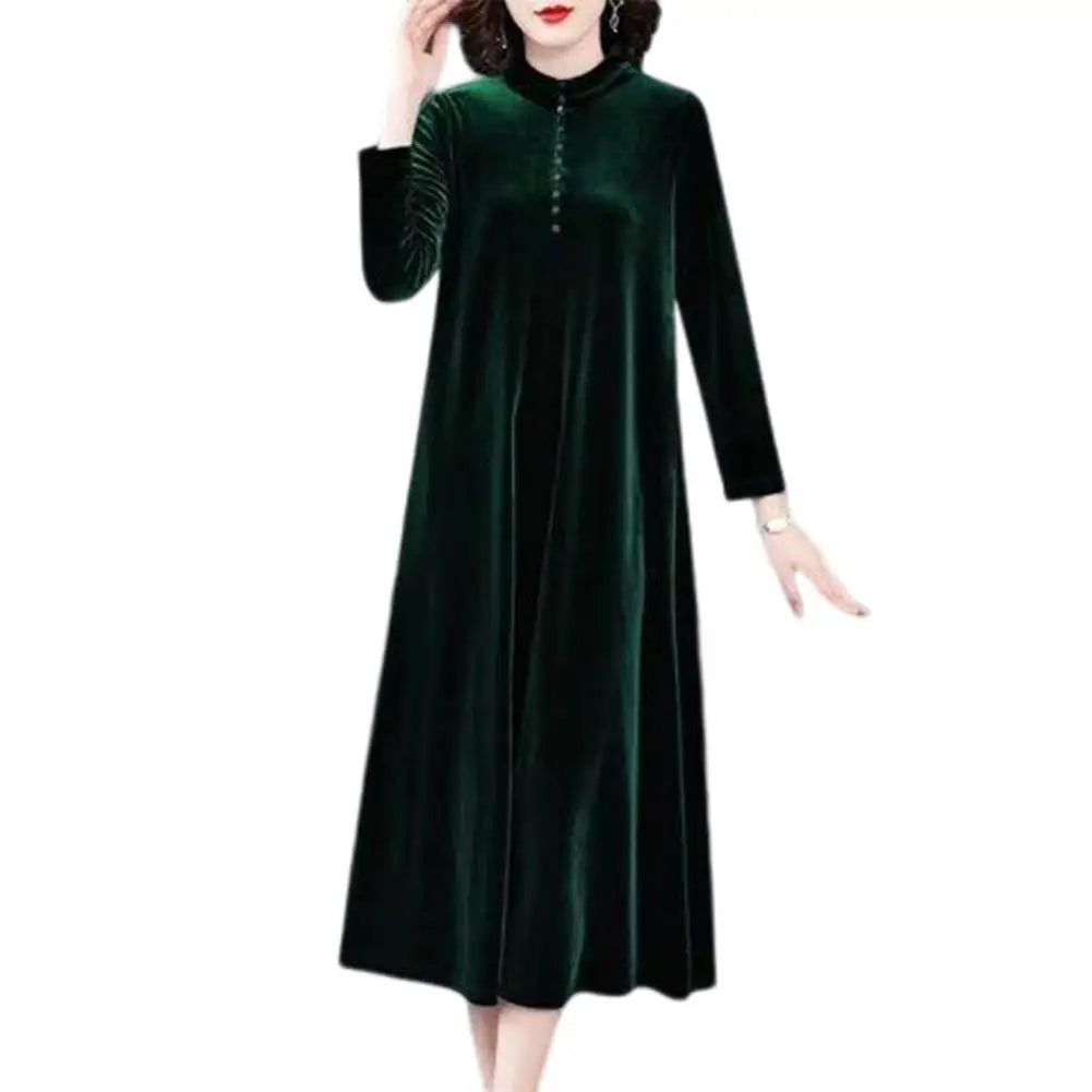 Spring Autumn Women Dress Solid Color Long Sleeves Button Female Maxi Dress Keep Warm Velvet O Neck Mid-calf Length Lady Dress - Seprincess