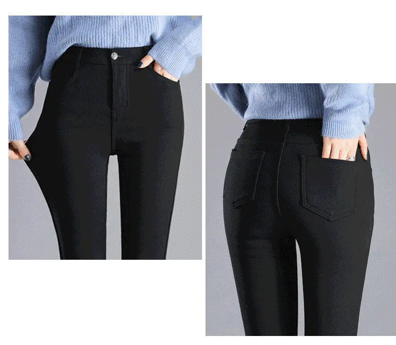 Korean Casual Autumn Winter New Women Solid Pockets Button Elastic High Waist Fashion Casual Slim Straight Leggings Pencil Pants