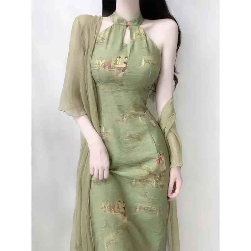 Women Waiting for Yanyu's New Chinese Sleeveless Qipao Plate Buckle Slim Fit Cheongsam Long Cardigan Set 2024 Two Piece Set - Seprincess