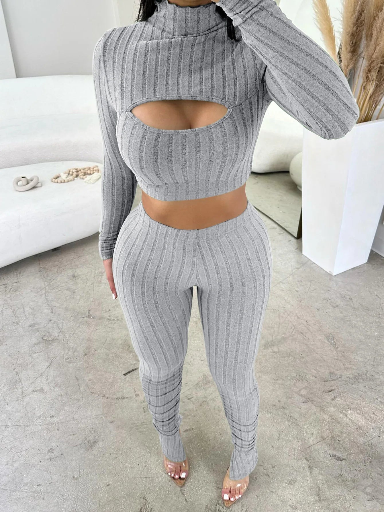 LW Autumn NEW long sleeve Turtleneck Cut Out Crop Top + Pants Set casual Two pieces sets Elegant women's matching sets - Seprincess