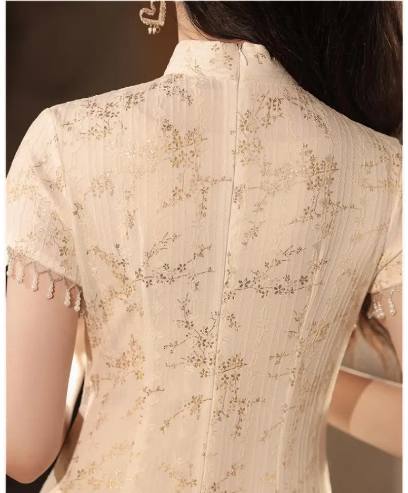 Women Summer Lace Gold Cheongsam Dress New French Style Wedding Evening Dress Vintage Female Tassels Sleeve Qipao S To 3XXL - Seprincess