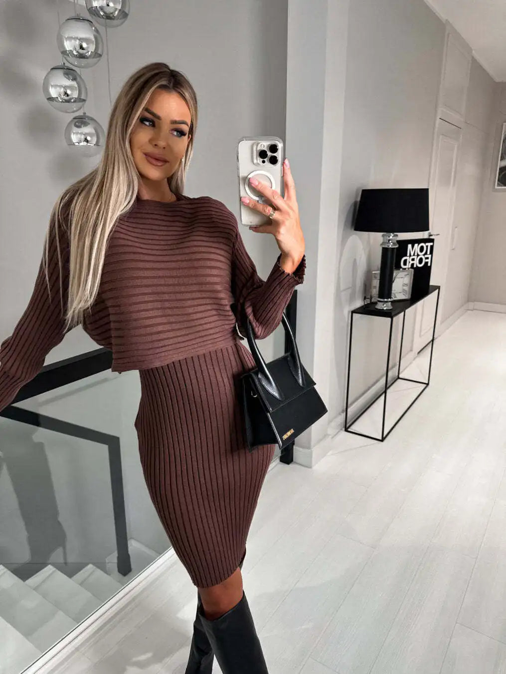 Chic Dress for Woman 2023 Winter Fashion Slim Fit Sexy Solid Two Piece Mid length Women Elegant Knitted Pit Stripe Dress Vestido - Seprincess