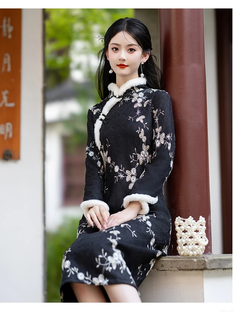 Fashion Chinese Style Traditional Fleece Thick Qipao Dress Winter New Printed Black Cheongsam for Women - Seprincess