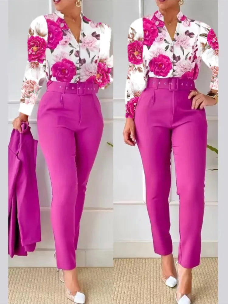 Elegant Women Shirt Two Piece Set Suits Fall New Fashion Print Long Sleeve Top Black Pants Set With Belt Blouses Female Clothing - Seprincess