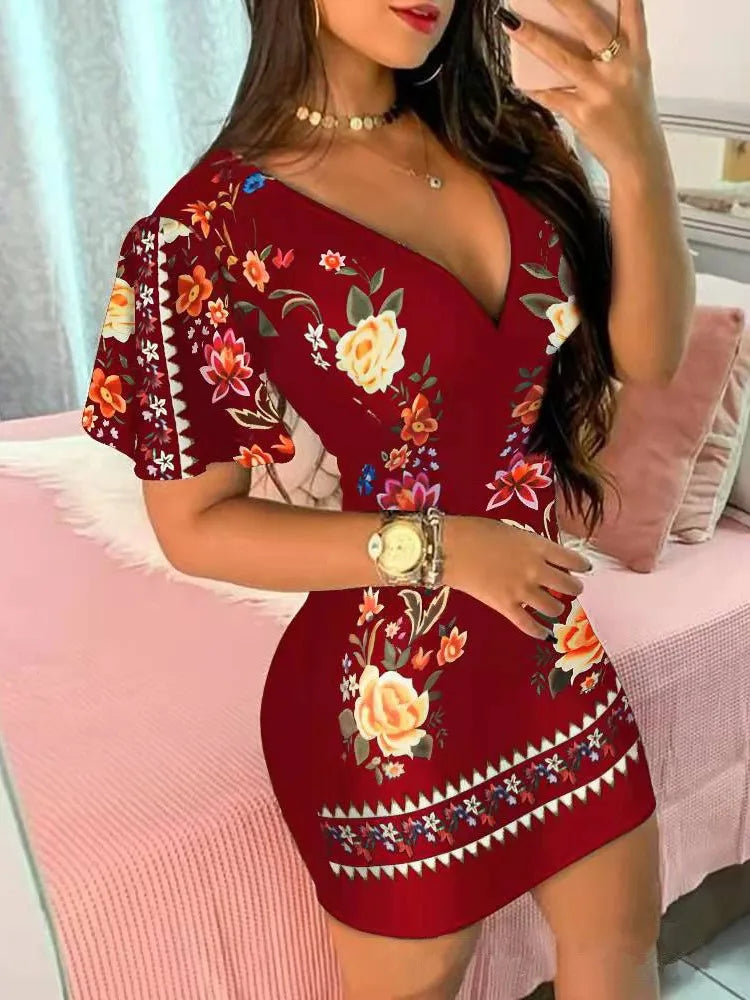 Summer Elegant Floral Print Bodycon Mini Dress Women 2024 Fashion Sexy Deep V-neck Package Hip Dresess Office Lady Party Dress - Seprincess