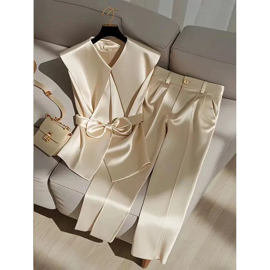 Fashion Satin Celebrity Outfits Elegant OL Peter Pan Collar Bow Sleeveless Vest + High Waist Wide Leg Pants Two Piece Set 376P - Seprincess