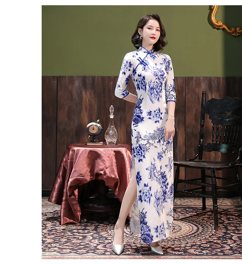 Blue White Porcelain Qipao Elegant Female Cheongsams Sexy Split Chinese Style Dress Summer Satin Vestidos Plus Size 4Xl 5Xl - Seprincess