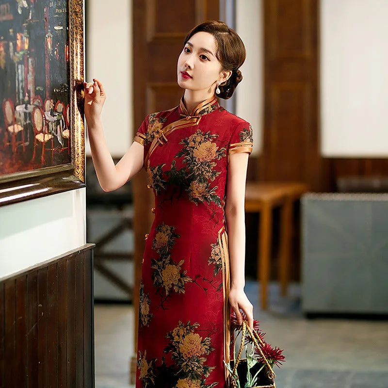 Chinese Cheongsam Traditional Wedding Qipao Woman Embroidery Elegant Split Dress Female Floral Bodycon Cheongsam - Seprincess