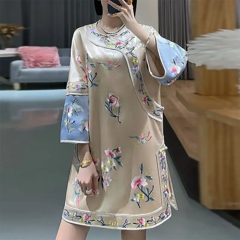 Chinese Traditional Women Qipao Dress Yellow Round Neck Three Quarter Sleeve Printed Cropped Cheongsam Women Evening Dresses - Seprincess