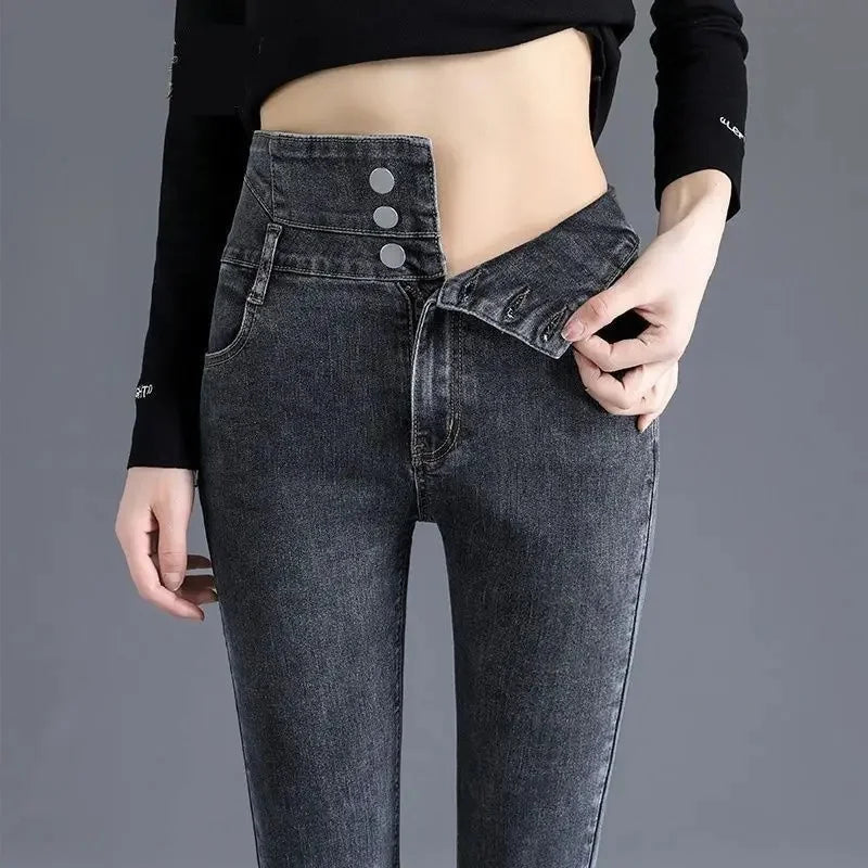 High-Waisted Jeans Women's Trendy 2024 New Style Slimming Smooth Slim Fleece-Lined Versatile Fleece-Lined Trousers For Autumn/Wi