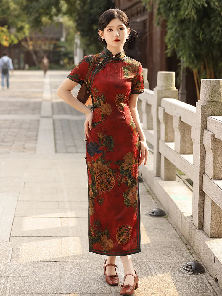 2024 New Women Vintage Dress Cheongsam Handmade Button Floral Dresses Chinese Style Summer Autumn Long Qipao M To 4XL - Seprincess