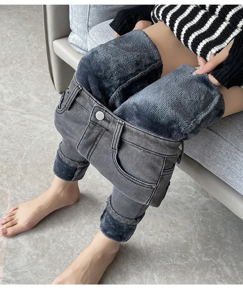 Skinny Women's Warm Jeans Winter Thicken Fleece Stretch High Waist Pencil Pants Fashion Korean Black Blue Gray Velvet