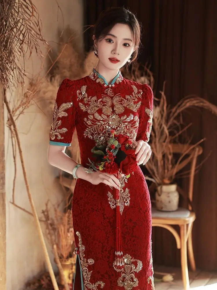 Toast Bride Wedding Dress Luxury Sequin Qipao Long Chinese Women Traditional Vintage Cheongsam Dresses Evening Gown China